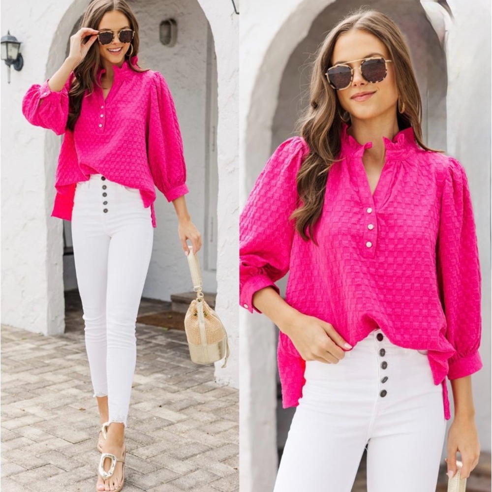 Fuchsia Hot Pink 3/4 Sleeve Shirt | Textured Knit | Ruffled V-Neck | M | NWT - Picture 2 of 9